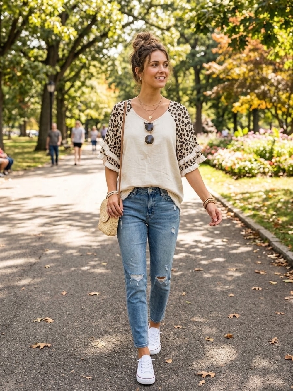 Umgee Cream & Leopard Print Dolman Sleeve Blouse